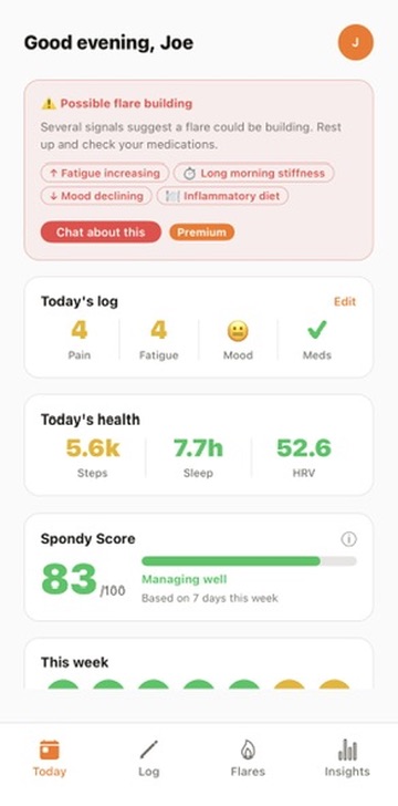 Fibro app showing today's symptoms, Fibro Score, and a flare warning